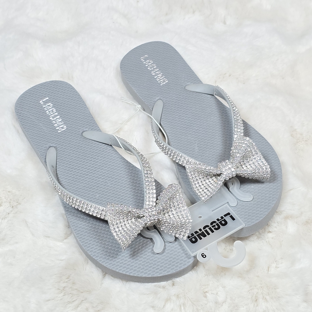 Laguna Women's Bow Rhrinestone Bling Flip Flops Summer Swim Beach Vacation Sz 9